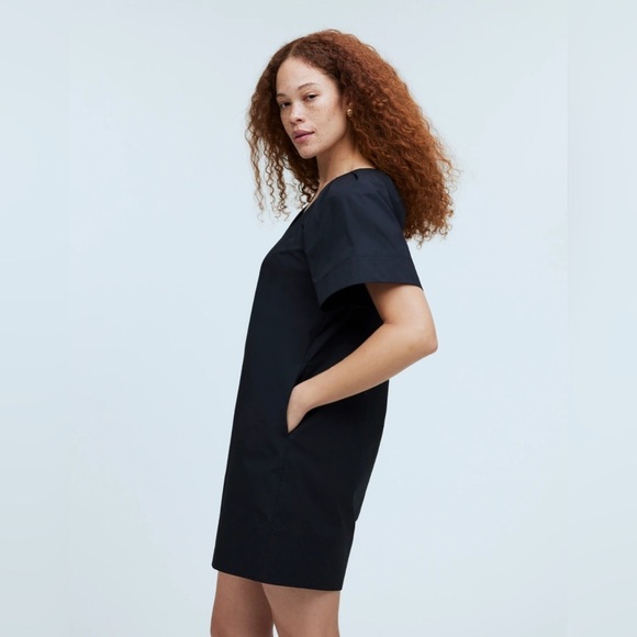 Madewell Black V-Neck Mini Dress Minimalist simple pockets Poplin cotton - Picture 4 of 12